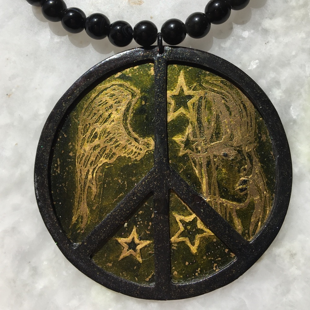 Peace Necklace | Handcrafted with black onyx and black agate beaded 18” necklace - Picture 2 of 15